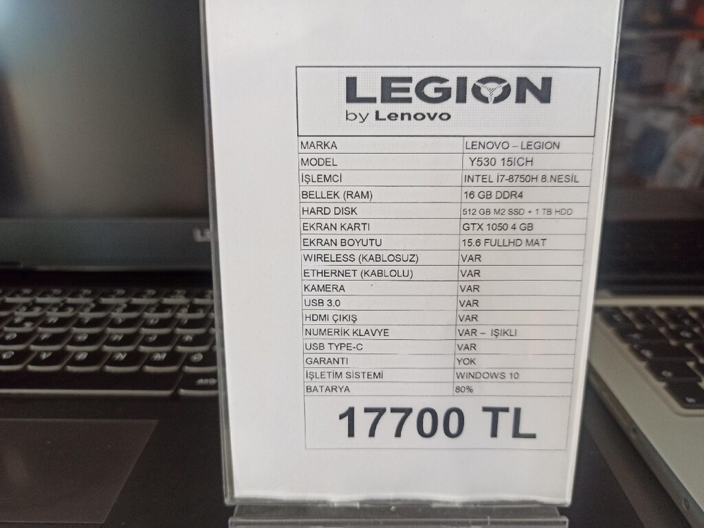 Laptop, Gaming  Lenovo Legion Y530 i7, GTX 1050, 16GB RAM, 512 GB M2 SSD +  1 TB HDD  SÜPER HIZLI